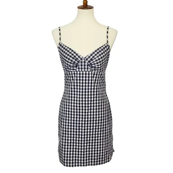 M VTG Kookai Black & White Gingham Print Picnic Hourglass Bodycon Mini Dress - Picture 2 of 10